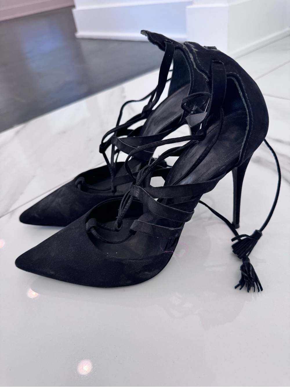SCHUTZ Black Lace-Up Pointed Toe Stiletto Heels